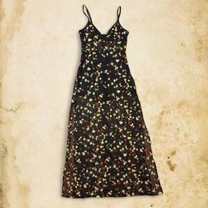 sheer spaghetti strap floral emboirdery black romper dress